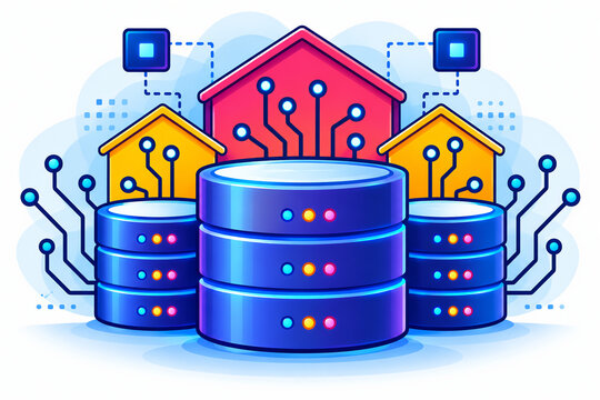 Smart home data network servers connected housing icons with database storage racks