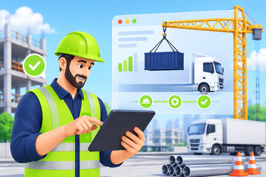Smart construction dashboard with engineer using tablet at building site worker