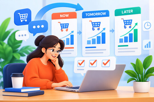 Smiling woman working on laptop with e commerce growth dashboard and online shopping analytics charts