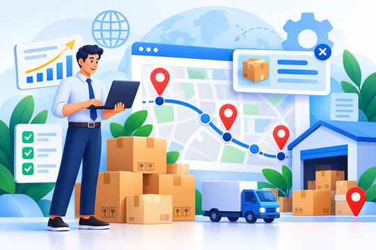 Supply chain route planning dashboard with a man holding a laptop, cardboard boxes, delivery truck, and warehouse