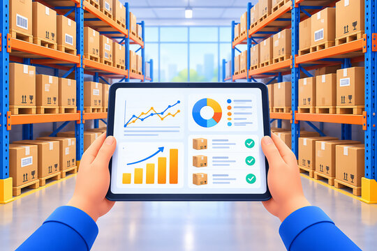 Tablet inventory dashboard in warehouse, digital supply chain management logistics