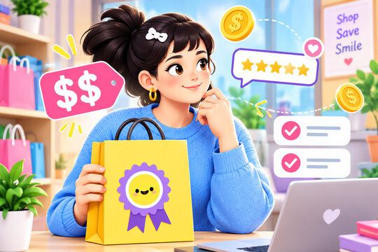 Thoughtful young woman holding yellow shopping bag with happy face emblem next to laptop surrounded by online shopping icons and price tags