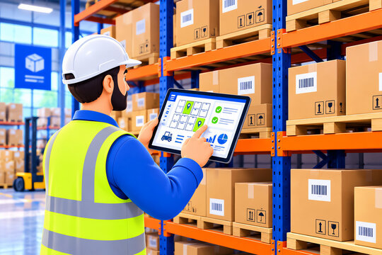 Warehouse worker wearing white hard hat and yellow safety vest holding a digital tablet with inventory data, standing among tall shelves stocked with cardboard boxes