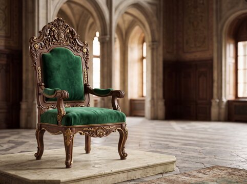 Luxurious green velvet royal throne in an ancient palace hall