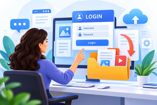 Woman working at a computer with a login dashboard, folder icons, and cloud storage interface