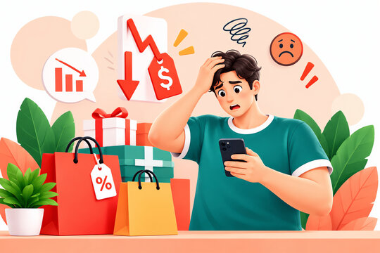3D Worried shopper looking at smartphone with falling price arrows, red discount tags, gift boxes, and green leaves around him
