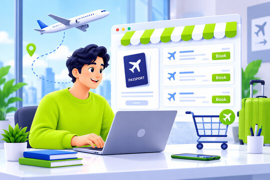 3D Young man booking flights on laptop with passport and airplane, travel booking