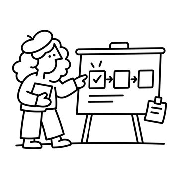 A woman points to a sequence of connected boxes on an easel while holding a notebook, tracking completed steps and the next stage of a workflow.