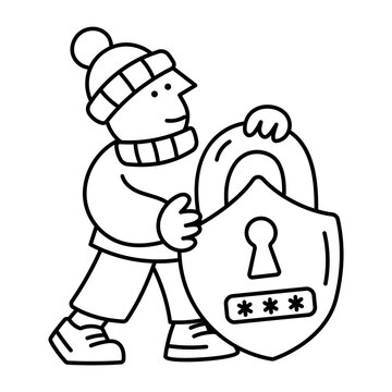 A person braces a large padlock marked with a keyhole and password symbols, representing protected access to private accounts and online data.
