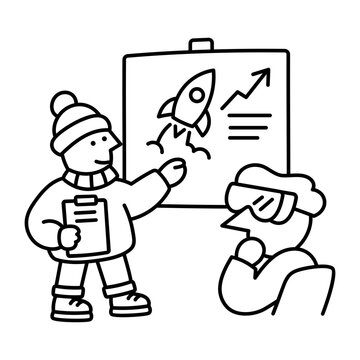 A presenter holds a document beside an easel showing a rocket and an upward arrow, explaining a startup proposal to a seated audience member.