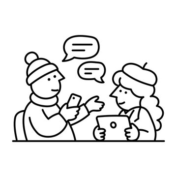 Two coworkers exchange speech bubbles across a table with a mug and paper notes, discussing business ideas in a direct workplace conversation.