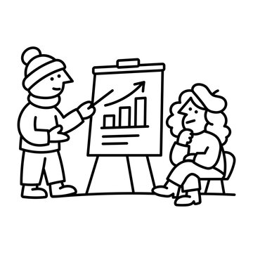 A presenter points to a rising bar chart on an easel while holding a report, explaining sales performance to a listener seated beside the board.