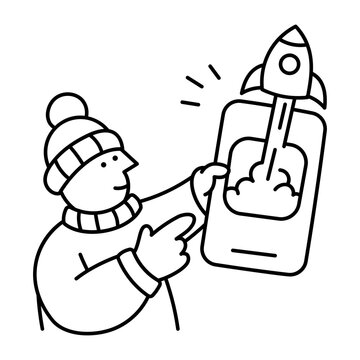 A person holds a large smartphone with a rocket rising from its screen, representing the release of a mobile application and its launch campaign.