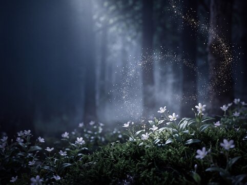 Enchanted forest floor with glowing magic dust and white flowers