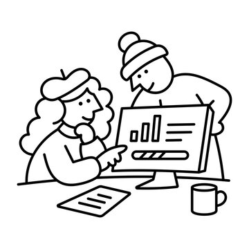 Two people examine an open laptop with a bar chart and report rows on screen, checking work results beside paper notes and a mug on the table.