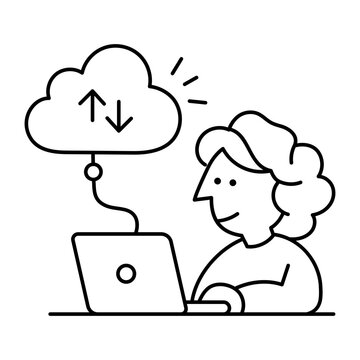A person uses a laptop beneath a cloud containing upward and downward arrows, representing file uploads and downloads between local and cloud storage.