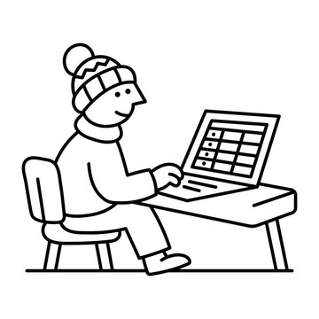A person wearing a knit hat sits at a desk and types into a laptop displaying a table, entering records into rows and columns for office work.