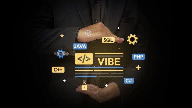 4k footage of business man showing programming language shapes and software development concept on black background design