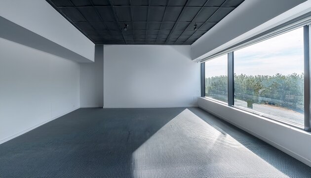 empty room high ceiling skylight has minimalist exhibition space featuring white walls concrete floor and square