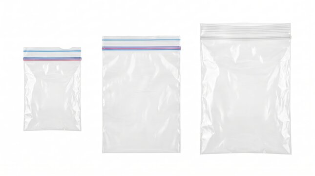 Three empty transparent plastic zipper bags of different sizes arranged in a row on a white background