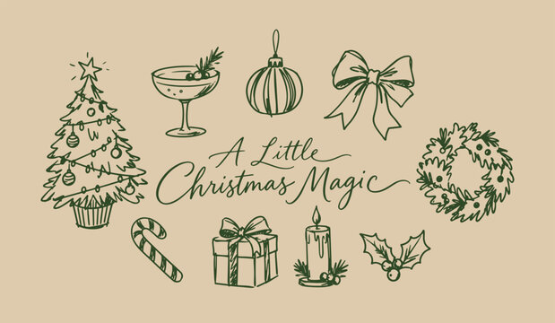 Hand Drawn Christmas Magic Vintage Elements and Festive Holiday Sketch Set