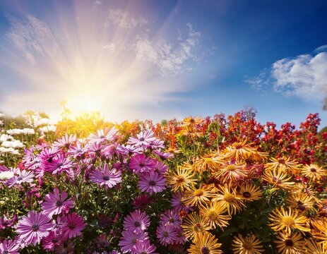 colorful flowers full bloom against bright sky