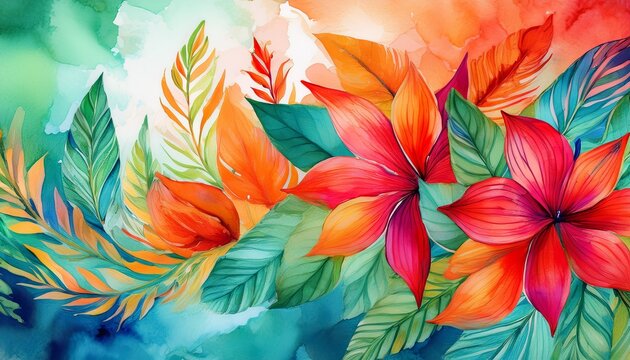 watercolor vibrant and energetic summer background using bright red orange turquoise green tropical floral motif