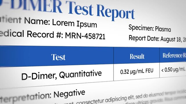 D-dimer test report close up 4k footage showing quantitative blood, plasma lab results, with medical record design, sample data