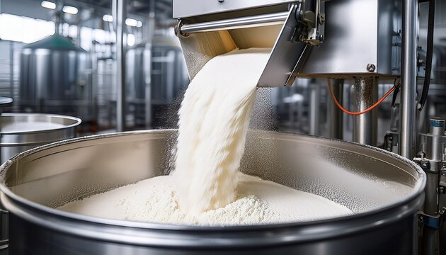 stunning photo of industrial food processing machine pouring milk powder into a stainless steel container in a clean factory