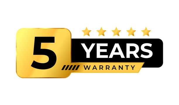 Golden 5 years warranty badge Logo. Premium luxury warranty gold label. Perfect for icon, sticker, sign, symbol, seal, banner, emblem, stamp, tag, award, button, insignia. Vector Illustration