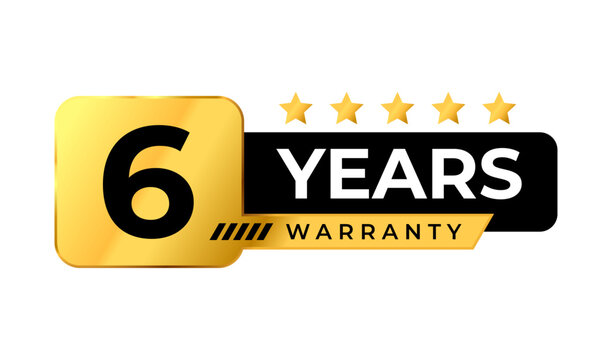 Golden 6 years warranty badge Logo. Premium luxury warranty gold label. Perfect for icon, sticker, sign, symbol, seal, banner, emblem, stamp, tag, award, button, insignia. Vector Illustration
