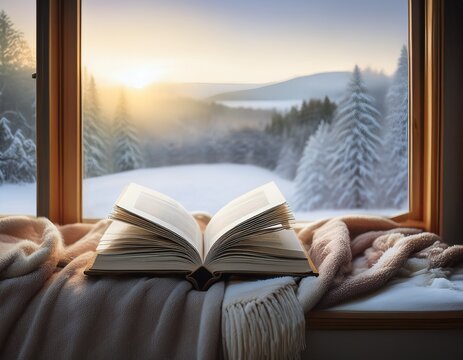 an open book lies on a blanket by a window with a snowy landscape outside