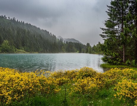 rain falling over a serene lake surrounded by yellow flowers and pine trees ideal for nature and relaxation concepts