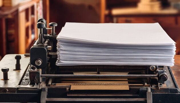 vintage letterpress printing machine close up with stack of white paper sheets in a traditional print shop