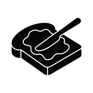 Slice of bread with butter and knife vector icon, black glyph illustration of spreading jam, jelly, chocolate paste, peanut butter, or margarine on toasted bread slice