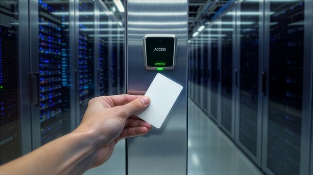 A hand tapping a blank white proximity card onto a security scanner displaying an "ACCESS GRANTED" green light, with blurred high-tech server racks in a modern data center aisle.