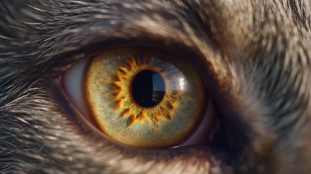 Extreme macro photorealistic cinematic footage of a wild wolf eye with a luminous amber iris
