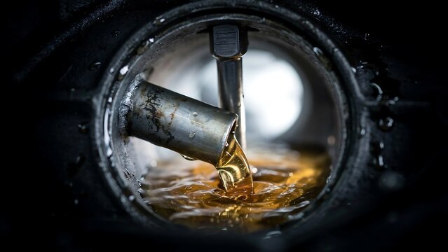 Industrial oil extraction process with a metal pipe pouring golden liquid into a dark circular container in a heavy machinery manufacturing