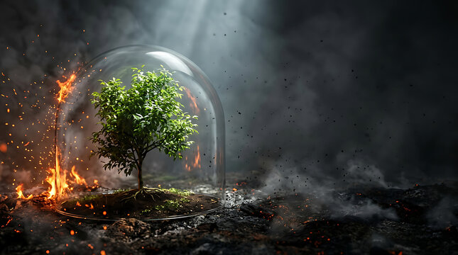 Green tree protected inside glass dome surrounded by fire and dark smoke representing environmental protection and climate change concept