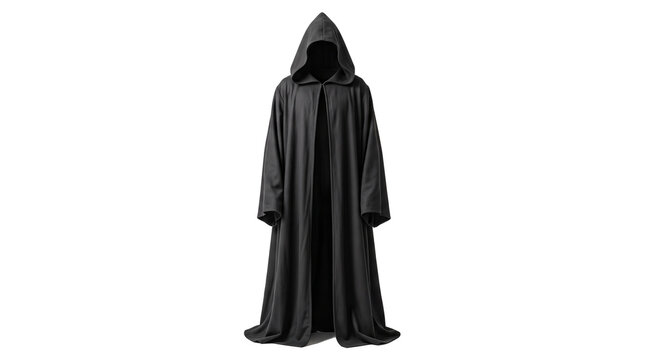 Long Black Hooded Cloak with Wide Sleeves Isolated on White &ndash; Mysterious Costume Robe