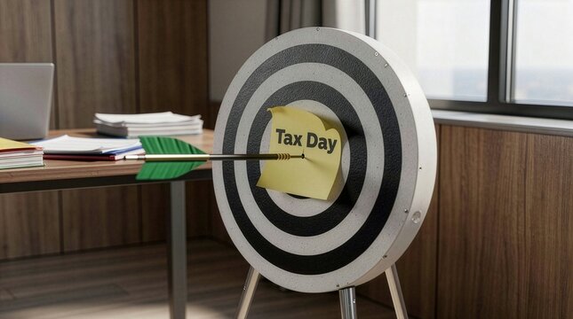 A black and white standing archery target hit by a green-feathered arrow directly on a yellow sticky note that reads "Tax Day", placed inside a modern office with a wooden desk setup.