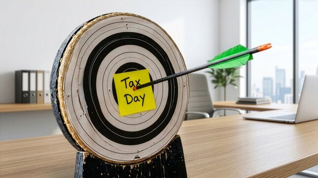 A straw-textured archery target sits on a wooden office desk, hit perfectly by a green-fletched arrow on a yellow sticky note that reads "Tax Day" against a bright blurred workplace.