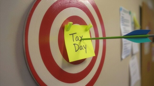 A close-up shot of a red and white concentric target with an arrow pointing at a yellow sticky note that reads "Tax Day" handwritten on it, mounted on a wall with blurry notices.