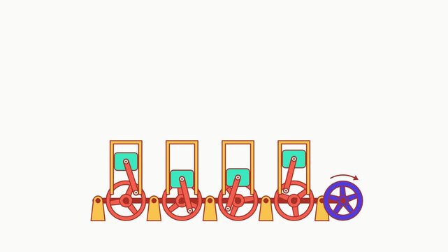 Seamless 4K looping engineering animation: piston bank with crankshaft rotating. Clean vector mechanism diagram with motion arrows and blank callout tags in orange and amber on a light background, lea