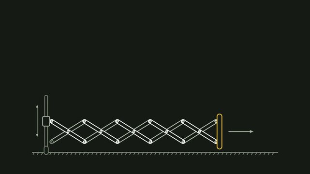 Animated scissor linkage horizontal extending outward drawn as a precise mechanical diagram in green and lime on a dark background. Smooth 4K seamless loop with empty label tags and room for your own 