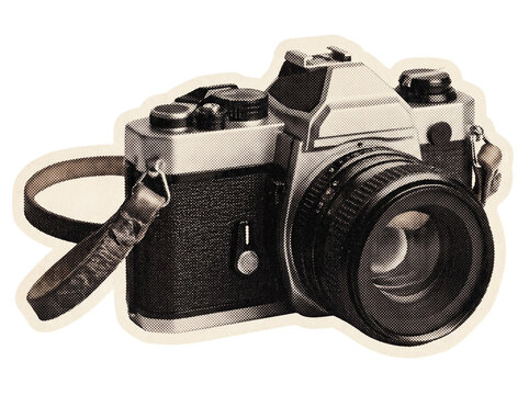 Vintage slr film camera with lens strap and halftone aesthetic perfect for retro style photography and vintage analog media assets