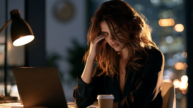 Exhausted businesswoman experiencing workplace burnout and mental fatigue while working late at night. Stressed female professional with headache sitting at laptop in dark office with city lights.