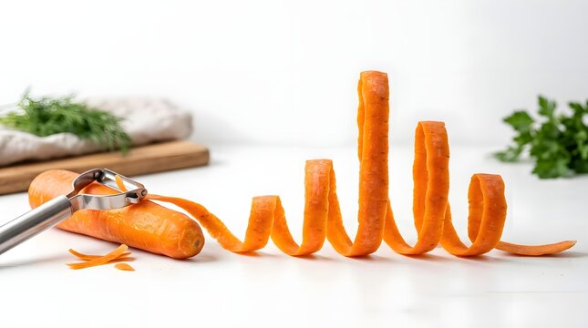 A vibrant orange carrot peel arranged in a spiral pattern resembling a bar chart  with a vegetable peeler and fresh green herbs nearby on a clean white surface