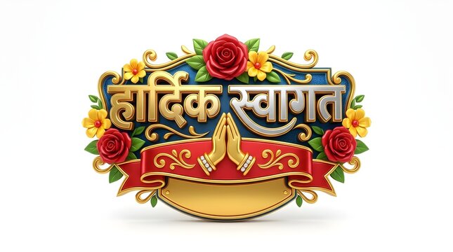 3D Decorative 'Hardik Swagat' Hindi Welcome Design Featuring Golden Namaste Hands, Red Roses, and Ornate Gilded Details on a Clean White Background