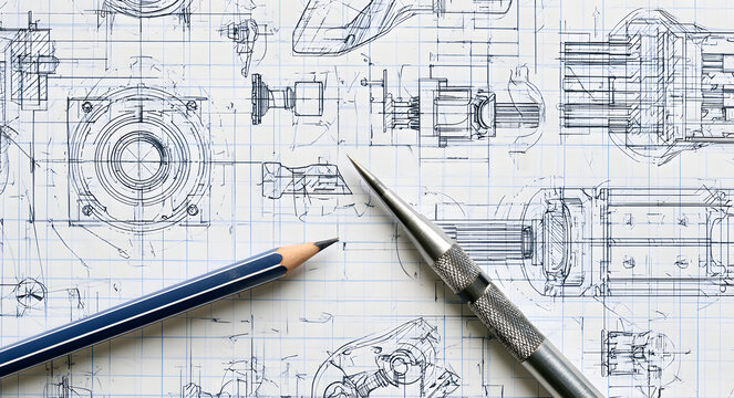 Technical drawings of industrial machine parts and components for mechanical engineering, detailed on grid paper
